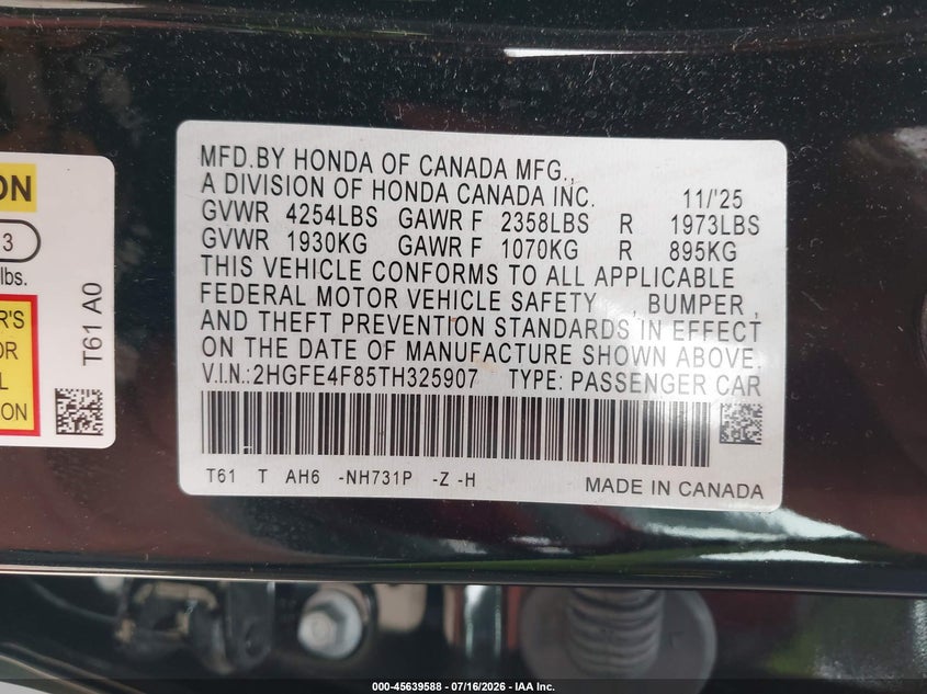 2026 HONDA CIVIC SEDAN 2.0L I-4 DI, DOHC, VVT, 141HP