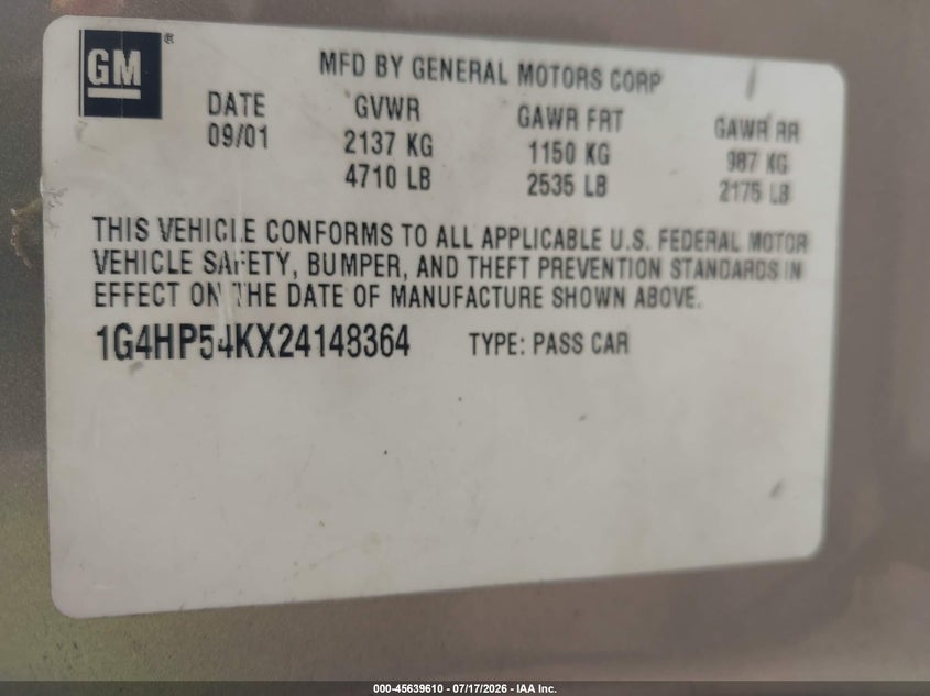 2002 Buick Lesabre Custom VIN: 1G4HP54KX24148364 Lot: 45639610