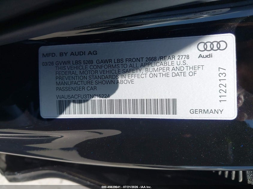2026 Audi A5 VIN: WAU5ACFU3TN015224 Lot: 45639641