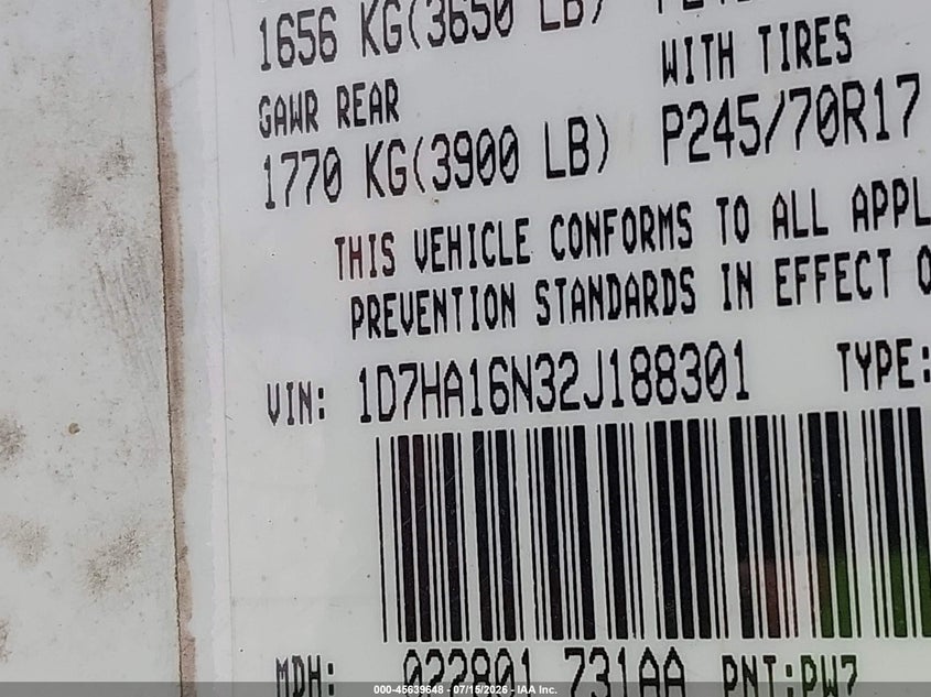 2002 Dodge Ram 1500 St VIN: 1D7HA16N32J188301 Lot: 45639648