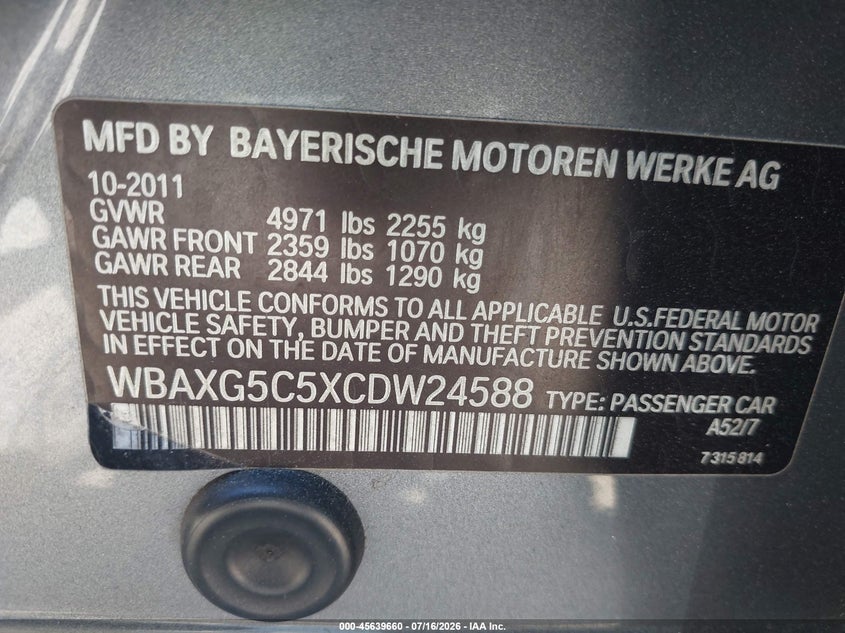 2012 BMW 528I VIN: WBAXG5C5XCDW24588 Lot: 45639660
