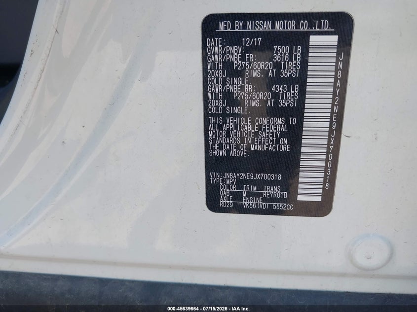 2018 Nissan Armada Platinum VIN: JN8AY2NE9JX700318 Lot: 45639664