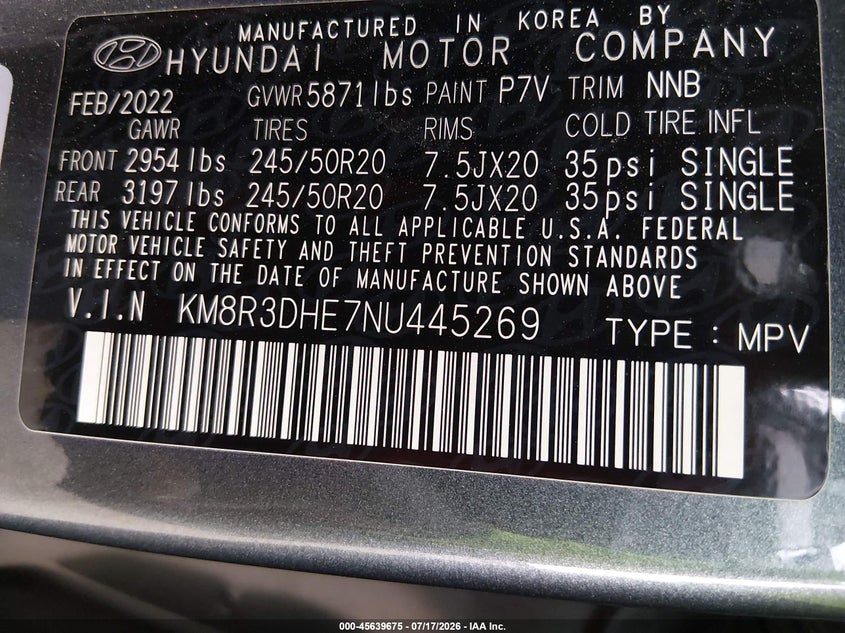 2022 Hyundai Palisade Sel VIN: KM8R3DHE7NU445269 Lot: 45639675