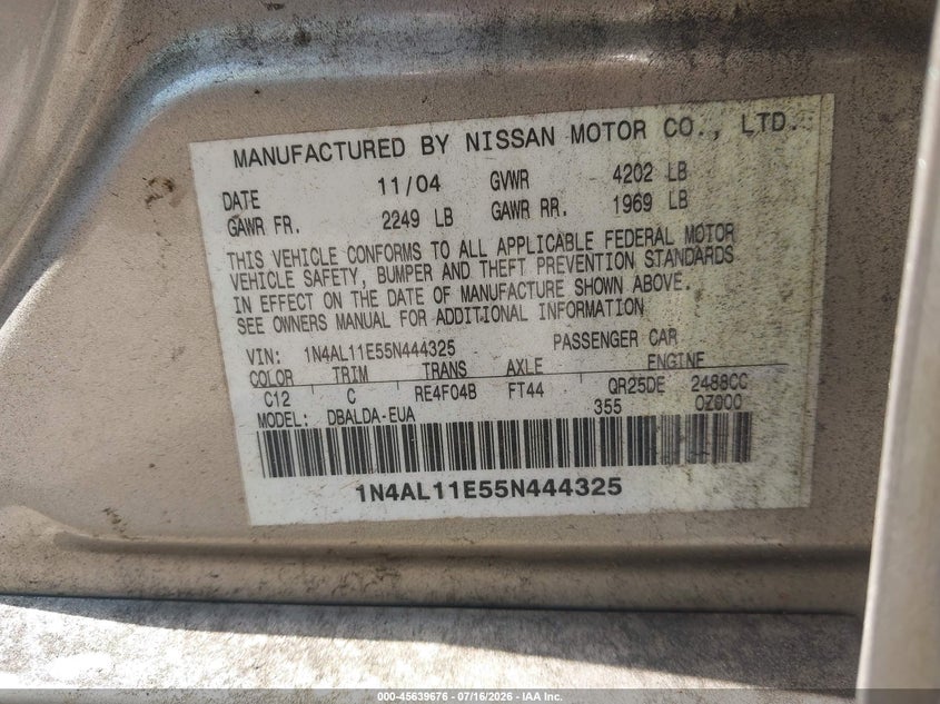 2005 Nissan Altima 2.5 S VIN: 1N4AL11E55N444325 Lot: 45639676