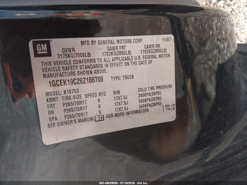 2008 Chevrolet Silverado 1500 Work Truck VIN: 1GCEK19C28Z188708 Lot: 45639689