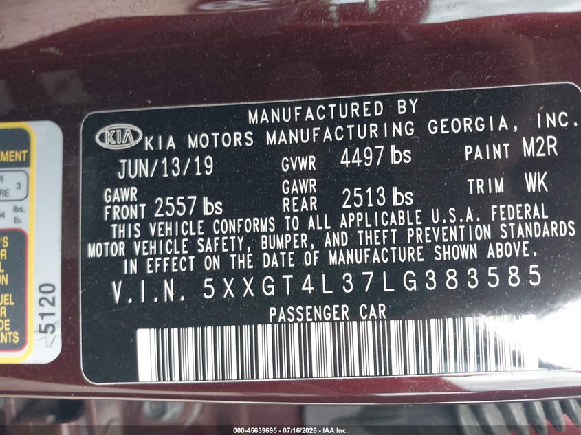 2020 Kia Optima Lx VIN: 5XXGT4L37LG383585 Lot: 45639695