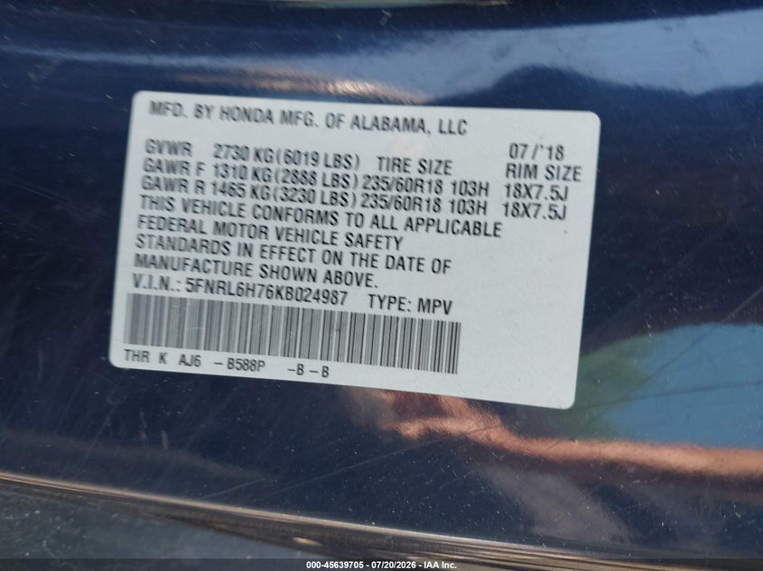 2019 Honda Odyssey Ex-L VIN: 5FNRL6H76KB024987 Lot: 45639705