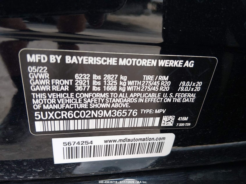2022 BMW X5 xDrive40I VIN: 5UXCR6C02N9M36576 Lot: 45639719