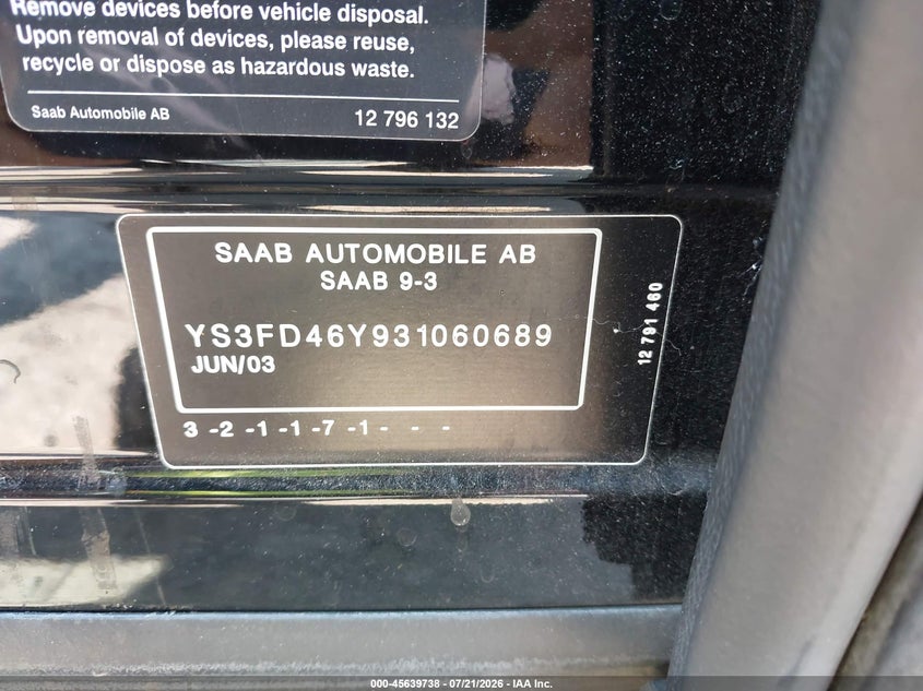 2003 Saab 9-3 Arc VIN: YS3FD46Y931060689 Lot: 45639738