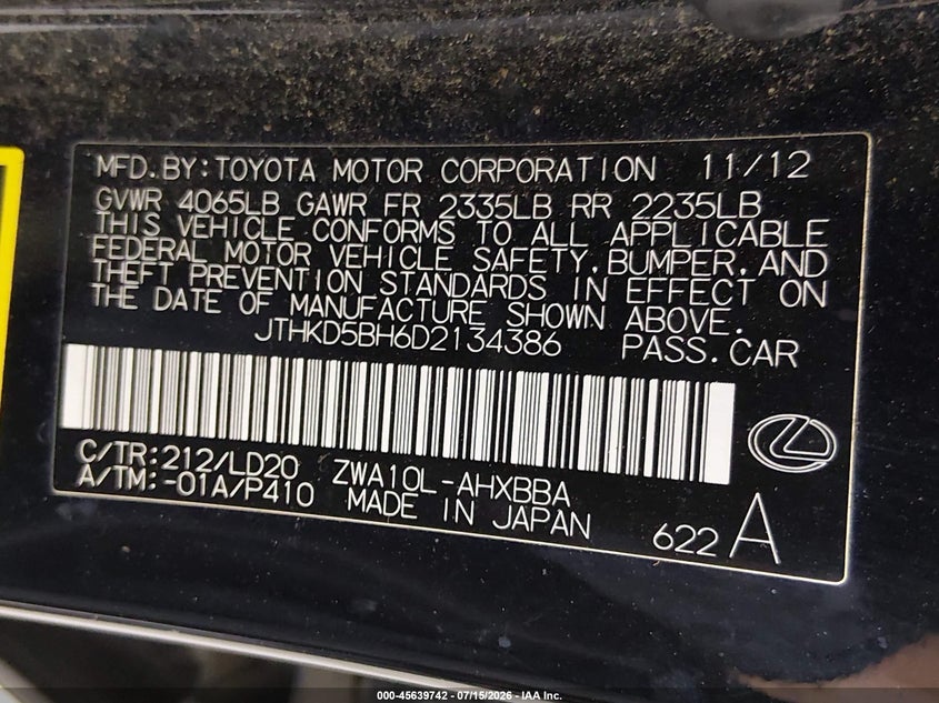 2013 Lexus Ct 200H VIN: JTHKD5BH6D2134386 Lot: 45639742