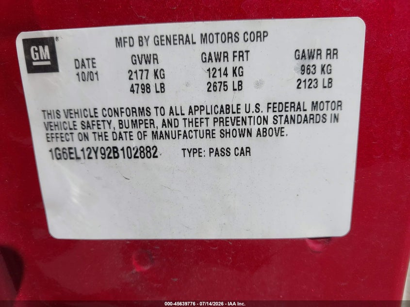 2002 Cadillac Eldorado Esc VIN: 1G6EL12Y92B102882 Lot: 45639776