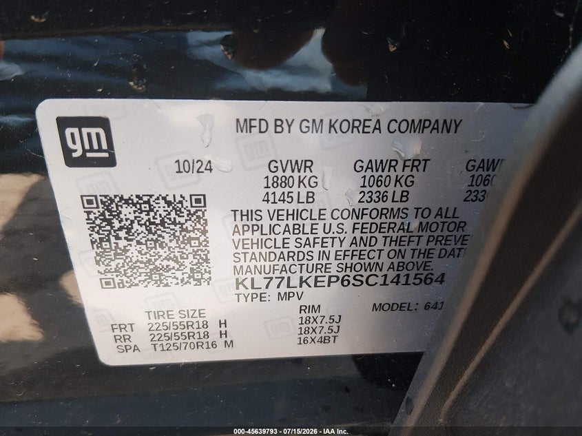 2025 Chevrolet Trax Fwd Activ VIN: KL77LKEP6SC141564 Lot: 45639793