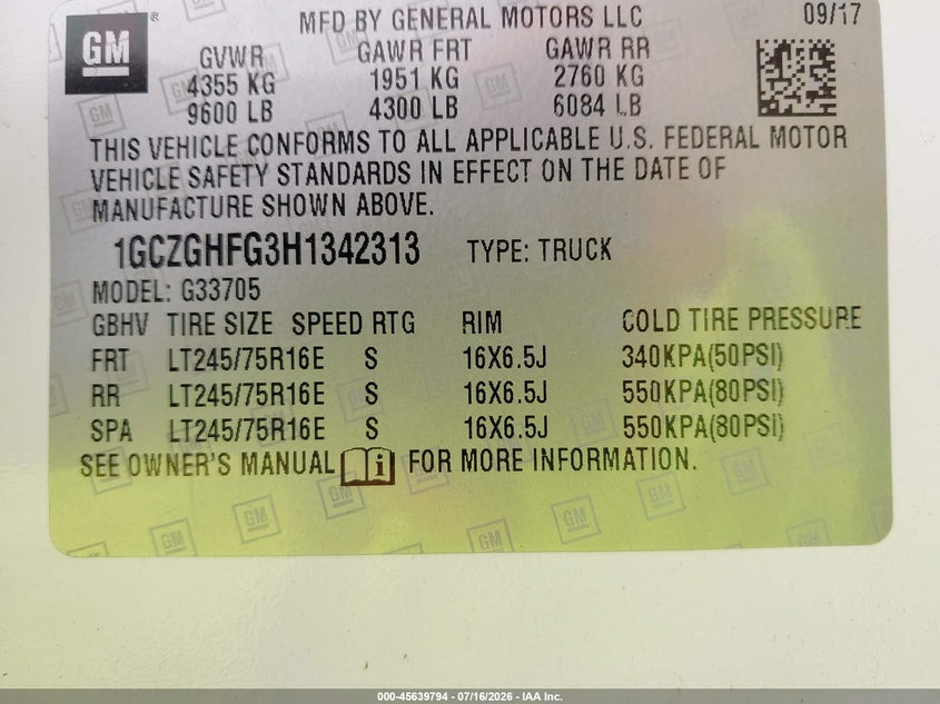 2017 Chevrolet Express 3500 Work Van VIN: 1GCZGHFG3H1342313 Lot: 45639794