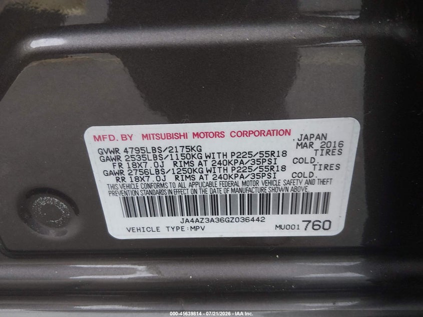 2016 Mitsubishi Outlander Es VIN: JA4AZ3A36GZ036442 Lot: 45639814