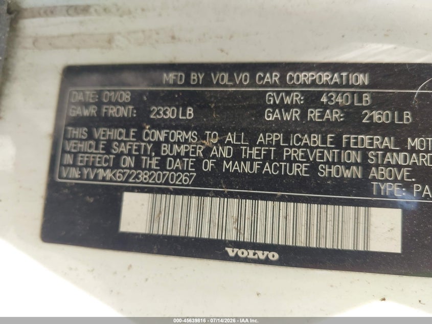 2008 Volvo C30 T5 R-Design/T5 Version 1.0/T5 Version 2.0 VIN: YV1MK672382070267 Lot: 45639816