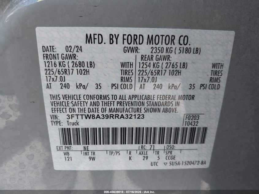 2024 Ford Maverick Xl VIN: 3FTTW8A39RRA32123 Lot: 45639818