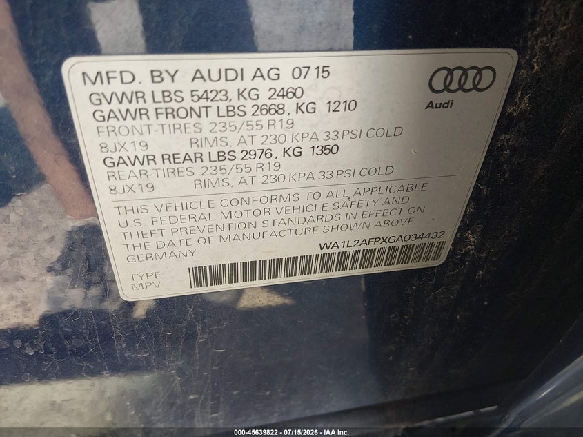 2016 Audi Q5 2.0T Premium VIN: WA1L2AFPXGA034432 Lot: 45639822