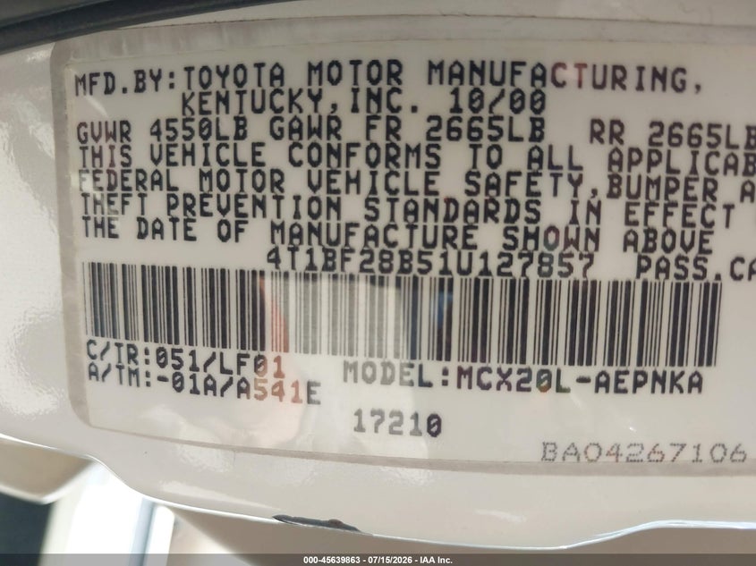 2001 Toyota Avalon Xl VIN: 4T1BF28B51U127857 Lot: 45639863