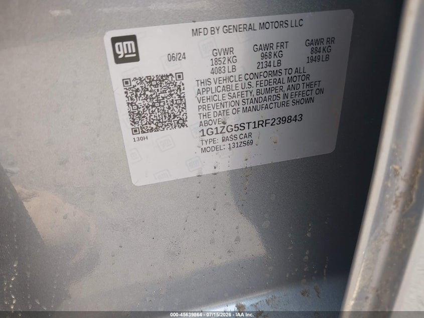 2024 Chevrolet Malibu Fwd Rs VIN: 1G1ZG5ST1RF239843 Lot: 45639864