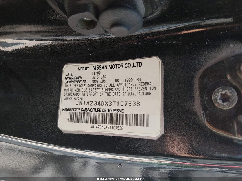 2003 Nissan 350Z Touring VIN: JN1AZ34DX3T107538 Lot: 45639893