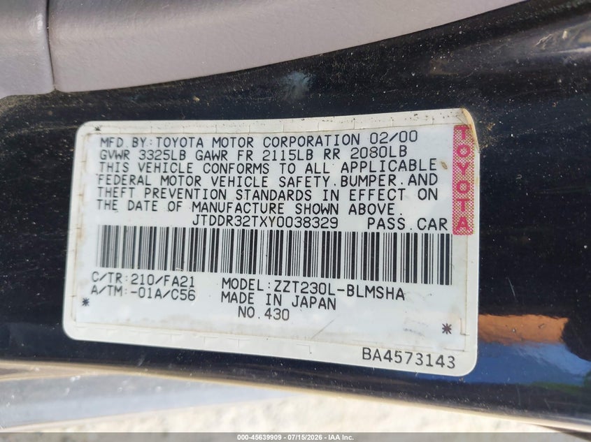 2000 Toyota Celica Gt VIN: JTDDR32TXY0038329 Lot: 45639909