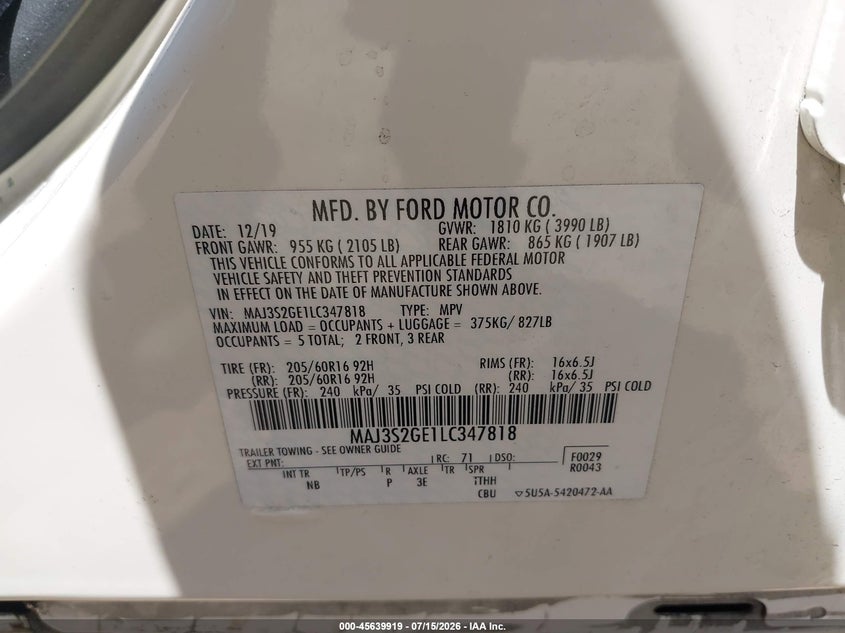 2020 Ford Ecosport Se VIN: MAJ3S2GE1LC347818 Lot: 45639919