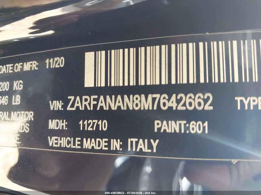 2021 Alfa Romeo Giulia Awd VIN: ZARFANAN8M7642662 Lot: 45639922