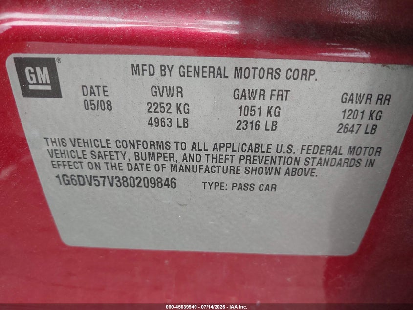 2008 Cadillac Cts Rwd W/1Sb VIN: 1G6DV57V380209846 Lot: 45639940