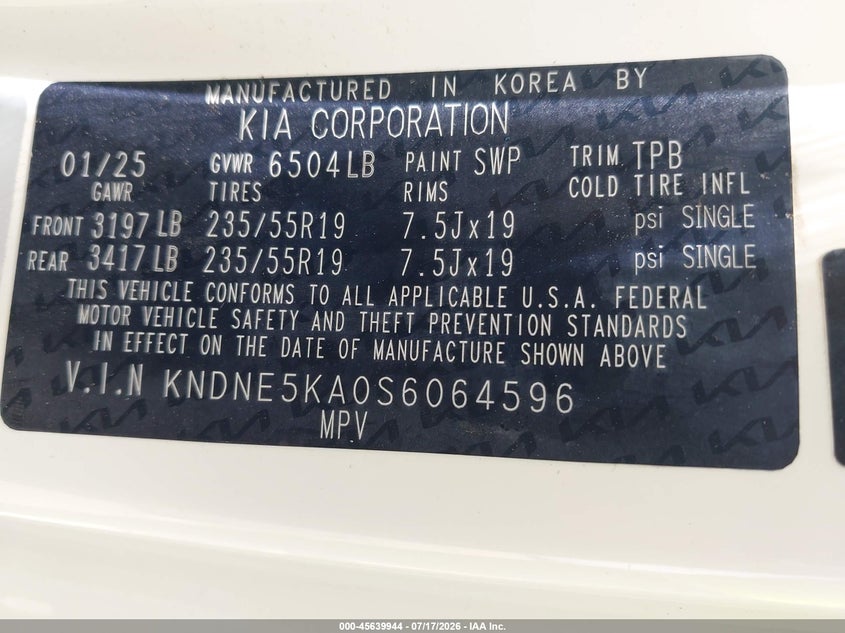 2025 Kia Carnival Mpv Hybrid Sx VIN: KNDNE5KA0S6064596 Lot: 45639944