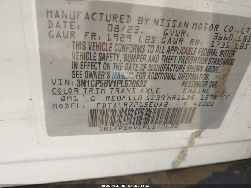 2023 Nissan Kicks S Xtronic Cvt VIN: 3N1CP5BV1PL570622 Lot: 45639947
