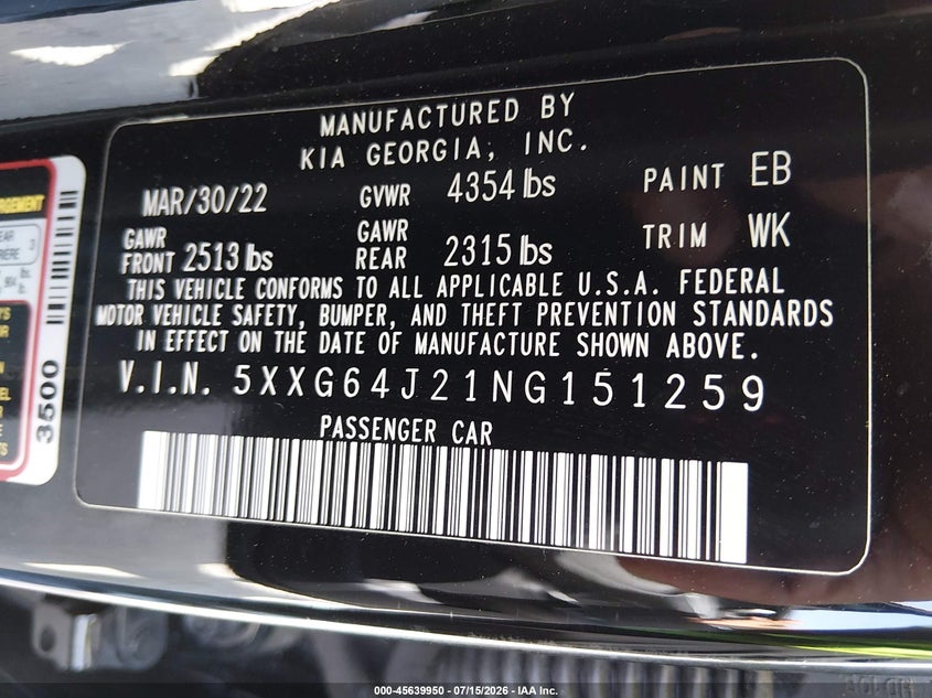 2022 Kia K5 Gt-Line VIN: 5XXG64J21NG151259 Lot: 45639950
