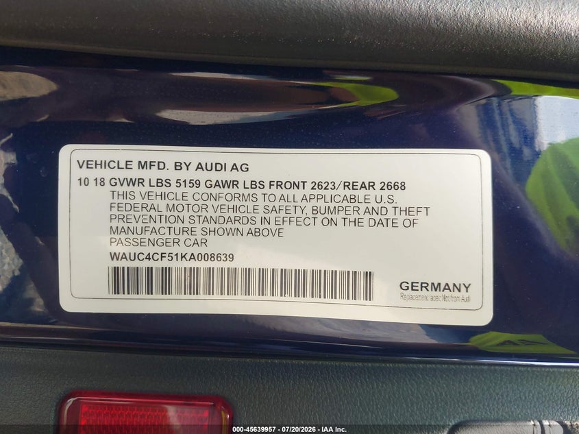 2019 Audi S5 3.0T Premium VIN: WAUC4CF51KA008639 Lot: 45639957