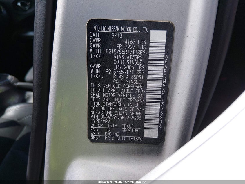 2014 Nissan Juke Sl VIN: JN8AF5MV6ET355206 Lot: 45639959