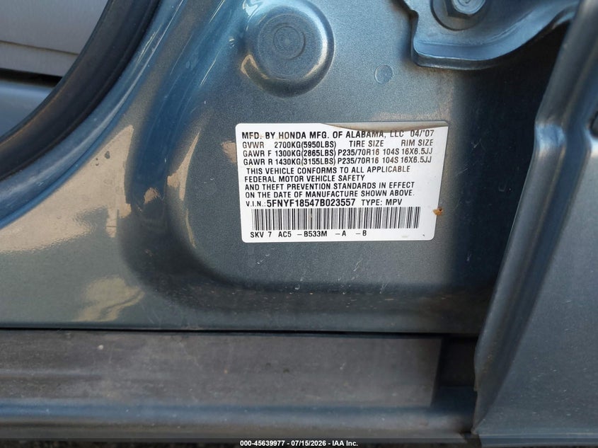 2007 Honda Pilot Ex-L VIN: 5FNYF18547B023557 Lot: 45639977