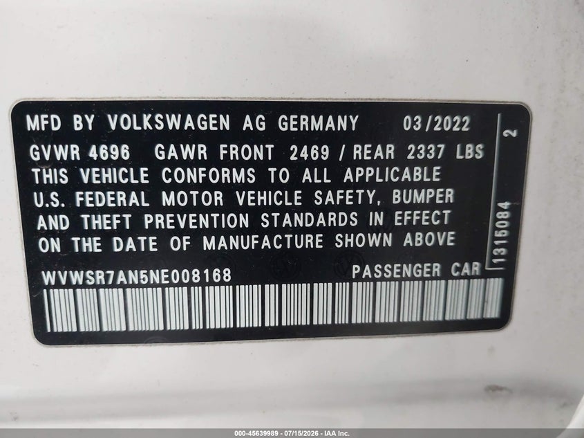 2022 Volkswagen Arteon 2.0T Se R-Line VIN: WVWSR7AN5NE008168 Lot: 45639989