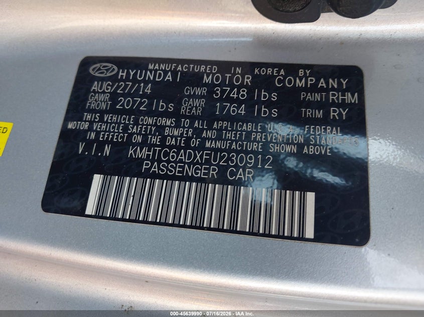 2015 Hyundai Veloster VIN: KMHTC6ADXFU230912 Lot: 45639990
