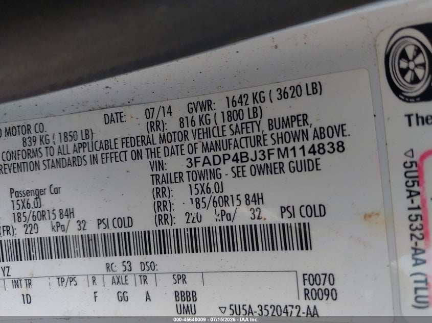 2015 Ford Fiesta Se VIN: 3FADP4BJ3FM114838 Lot: 45640009