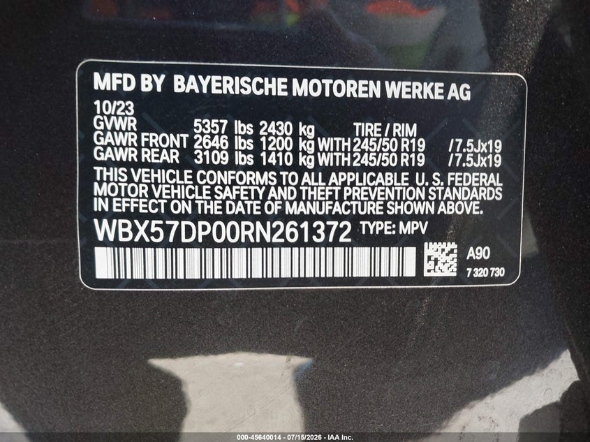 2024 BMW X3 xDrive30I VIN: WBX57DP00RN261372 Lot: 45640014