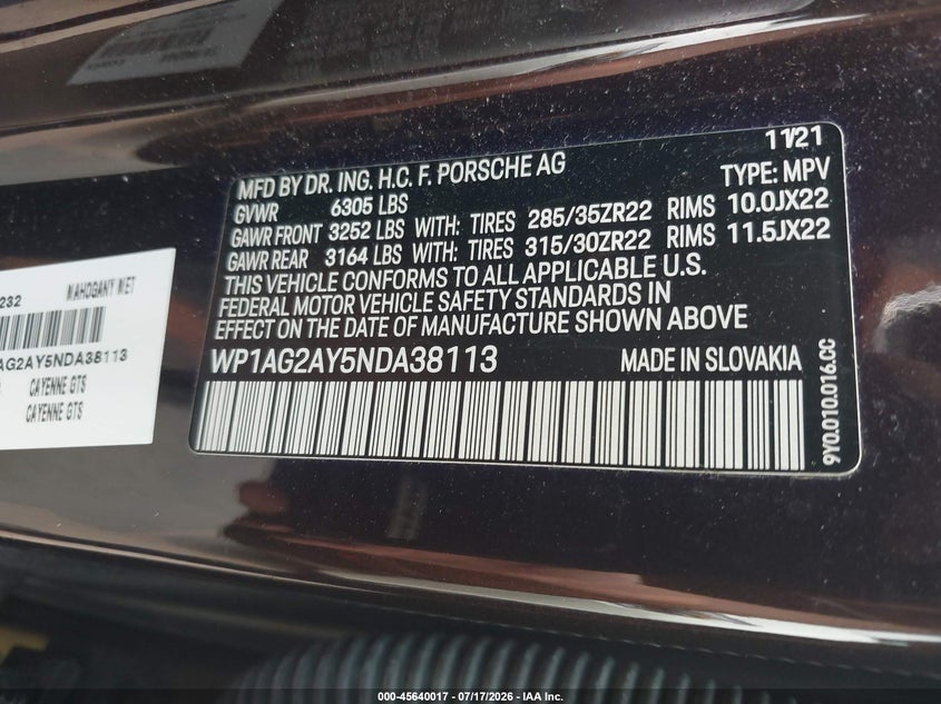 2022 Porsche Cayenne Gts VIN: WP1AG2AY5NDA38113 Lot: 45640017