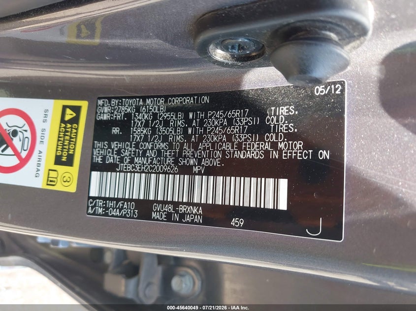 2012 Toyota Highlander Hybrid Base V6 VIN: JTEBC3EH2C2009626 Lot: 45640049