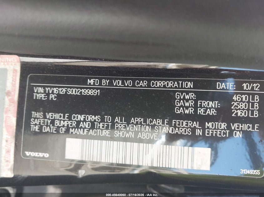 2013 Volvo S60 T5 VIN: YV1612FS0D2199891 Lot: 45640060