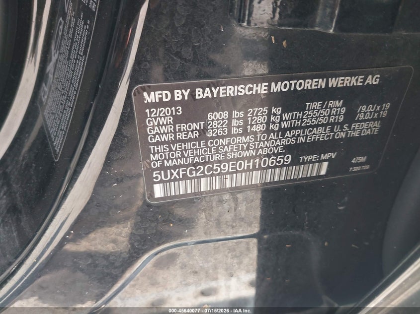 2014 BMW X6 xDrive35I VIN: 5UXFG2C59E0H10659 Lot: 45640077