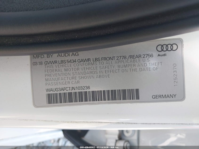 2018 Audi A6 3.0T Premium Plus VIN: WAUG3AFC7JN103236 Lot: 45640082
