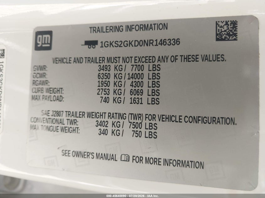 2022 GMC Yukon Xl 4Wd Slt VIN: 1GKS2GKD0NR146336 Lot: 45640090