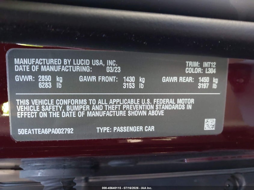 2023 Lucid Air Touring VIN: 50EA1TEA6PA002792 Lot: 45640115