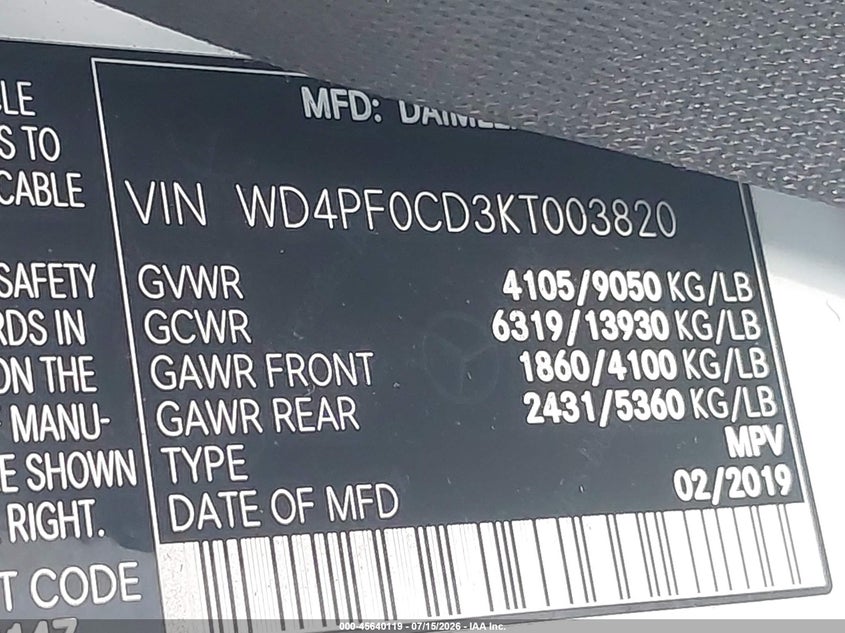 2019 Mercedes-Benz Sprinter 2500 High Roof V6 VIN: WD4PF0CD3KT003820 Lot: 45640119