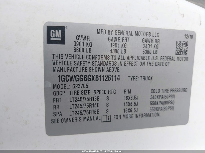 2011 Chevrolet Express 2500 Work Van VIN: 1GCWGGBGXB1126114 Lot: 45640125