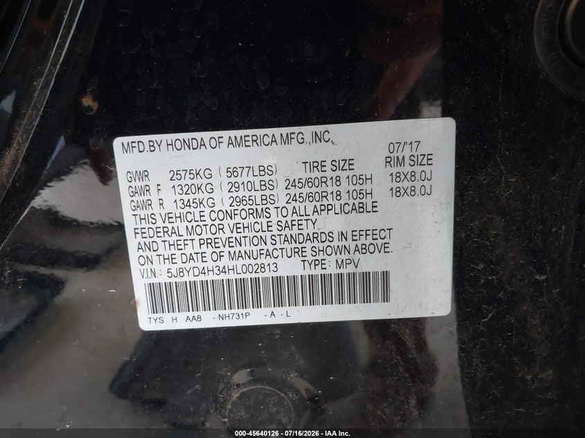 2017 Acura Mdx VIN: 5J8YD4H34HL002813 Lot: 45640126