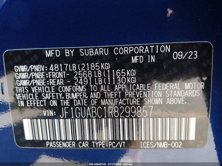 2024 Subaru Impreza Base 5-Door VIN: JF1GUABC1R8299857 Lot: 45640139