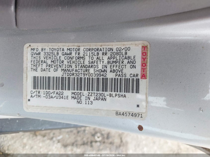 2000 Toyota Celica Gt VIN: JTDDR32T9Y0039942 Lot: 45640146